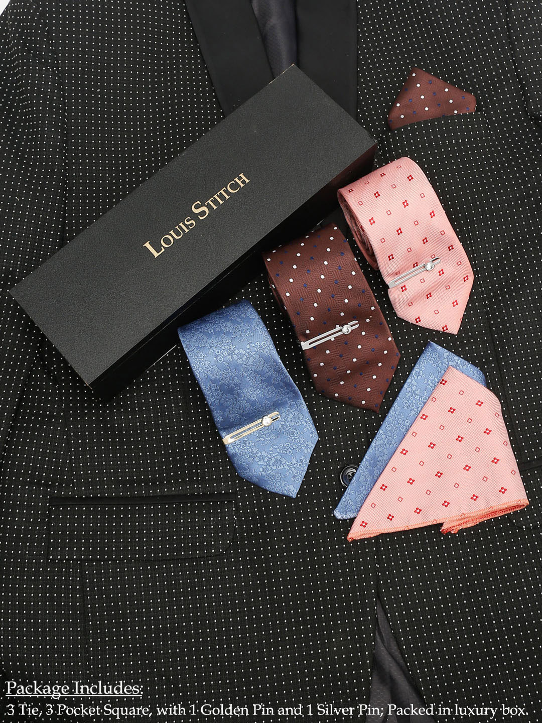 LOUIS STITCH Men Brown,Pink & Light Blue Necktie Combo With Pocket Square And Tie Pin
LOUIS STITCH Men Brown,Pink & Light Blue Necktie Combo With Pocket Square And Tie Pin