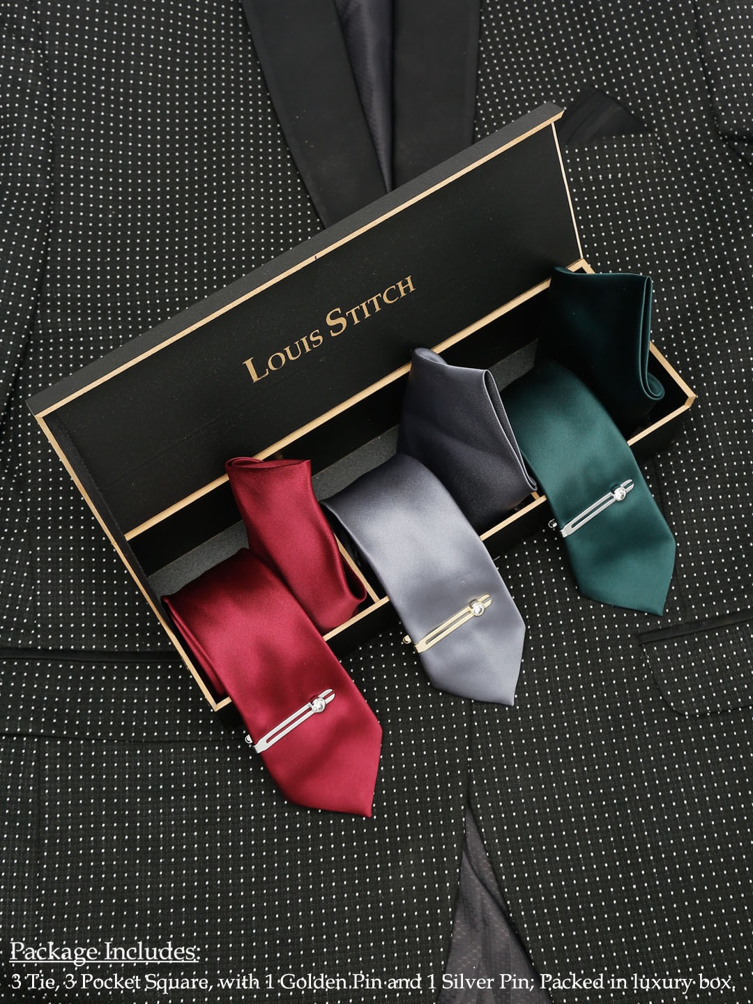 LOUIS STITCH Men Set of 3 Italian Silk Necktie Combo With Pocket Square & 2 Tie Pins, Red
LOUIS STITCH Men Set of 3 Italian Silk Necktie Combo With Pocket Square & 2 Tie Pins, Red