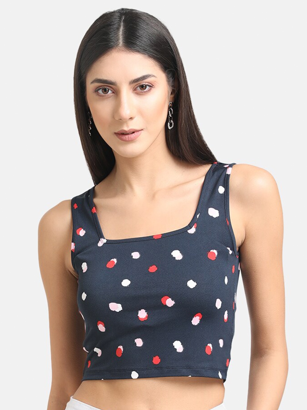 Kazo Navy Blue Printed Square Neck Crop Top