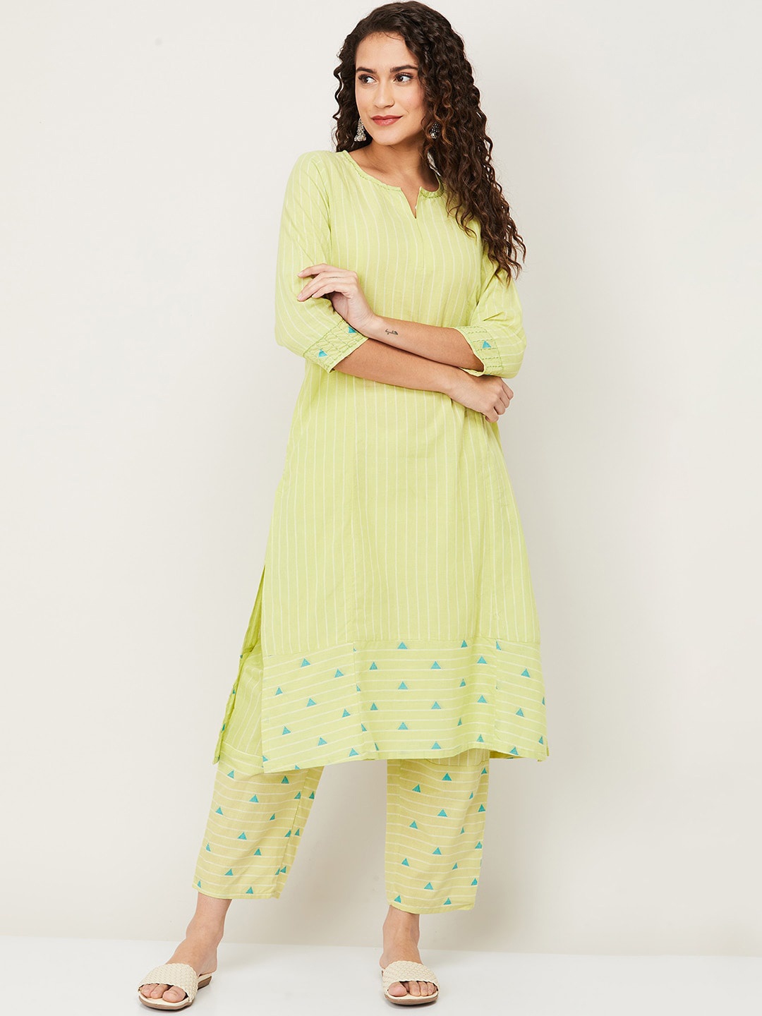 Melange by Lifestyle Women Lime Green Striped Thread Work Pure Cotton Kurta with Trousers
Melange by Lifestyle Women Lime Green Striped Thread Work Pure Cotton Kurta with Trousers