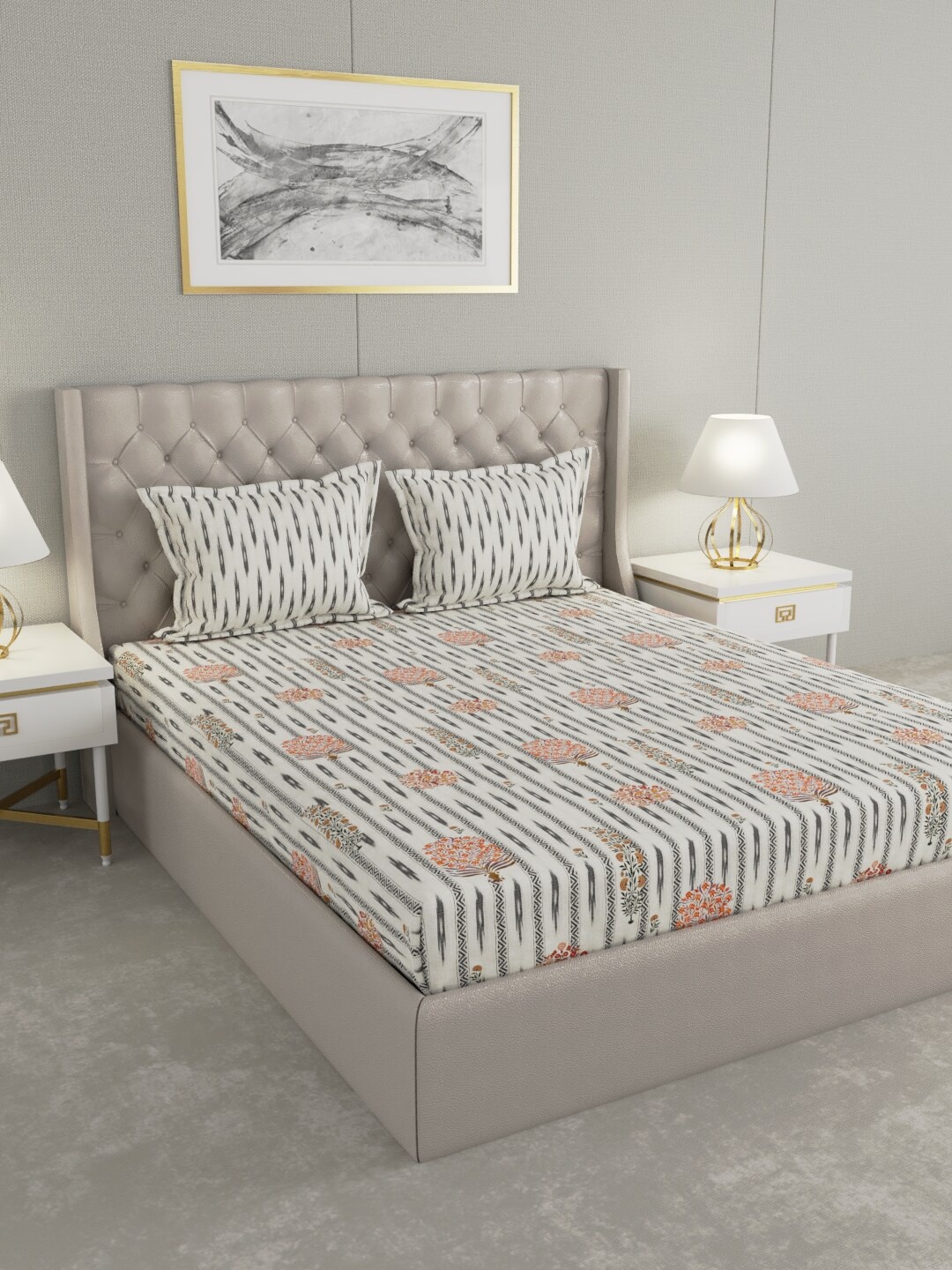 Trident White & Orange Abstract Printed 210 TC King Bedsheet with 2 Pillow Covers
