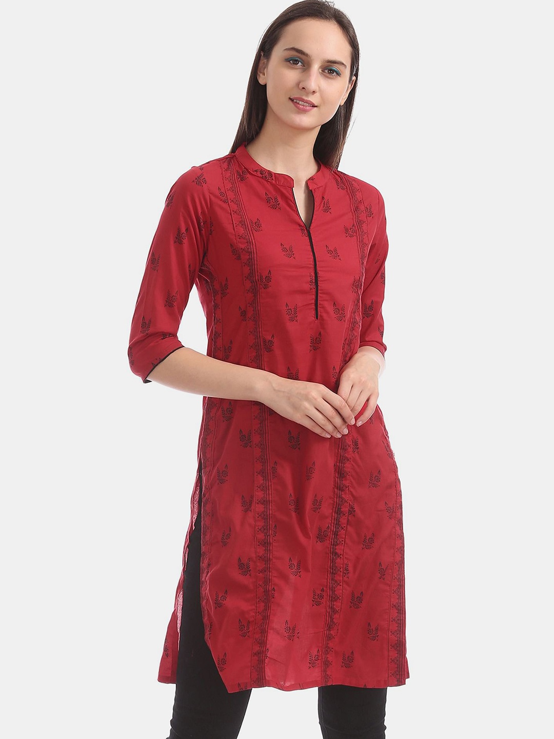 Karigari Women Red Floral Printed Cotton Kurta