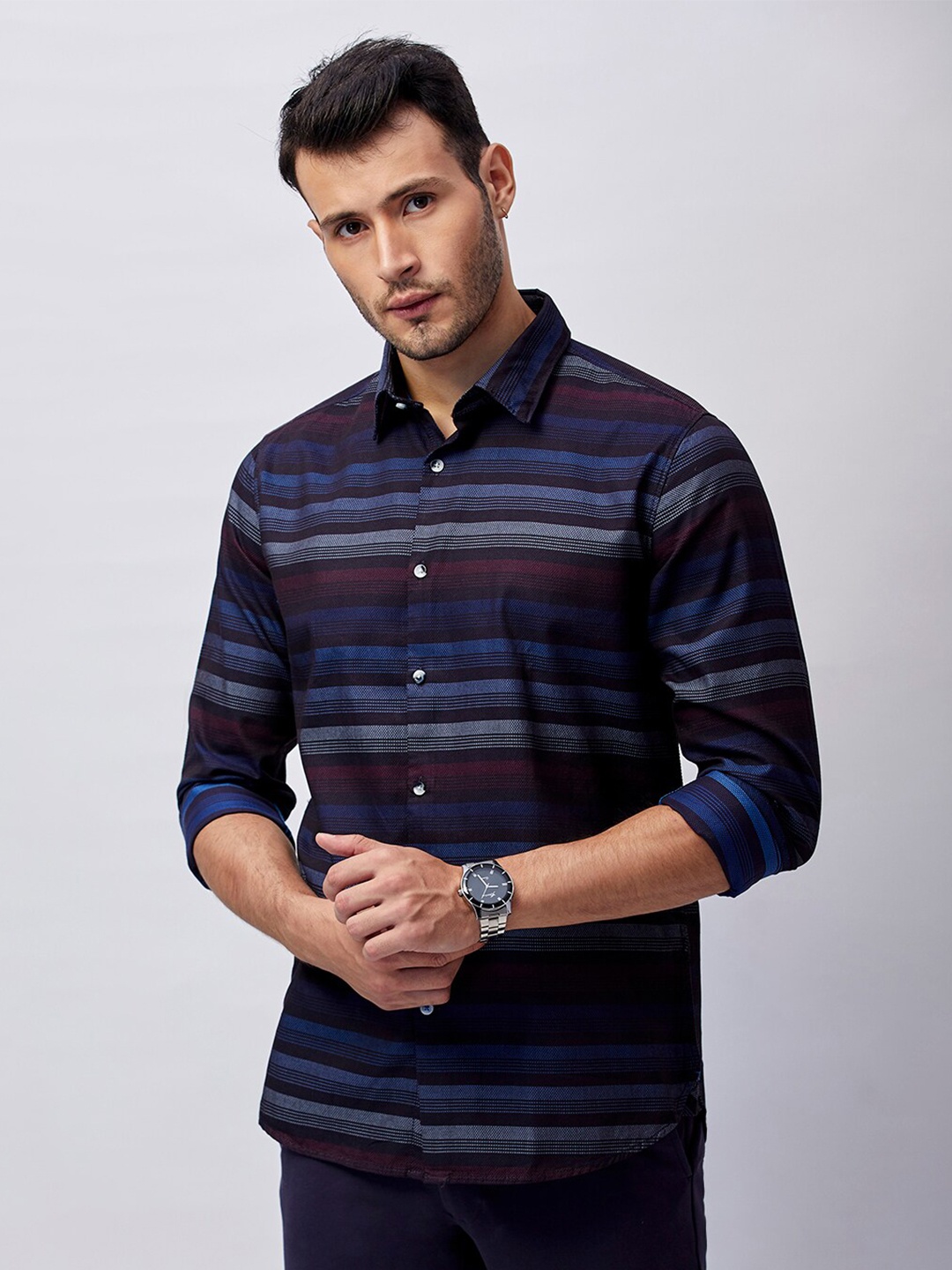 J Hampstead Men Black Classic Horizontal Striped Casual Shirt