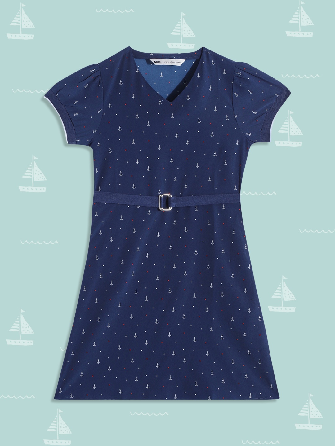 M&H Juniors Girls Navy Blue & White Printed A-Line Dress