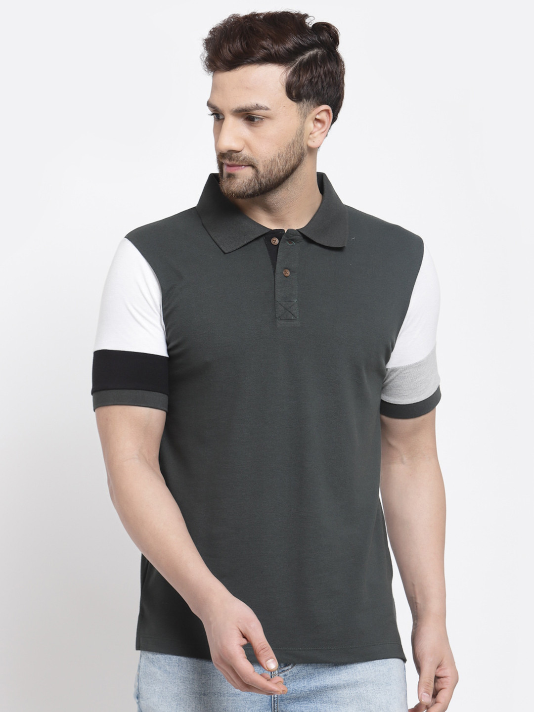 Kalt Men Grey & White Colourblocked Polo Cotton T-shirt 
Kalt Men Grey & White Colourblocked Polo Cotton T-shirt