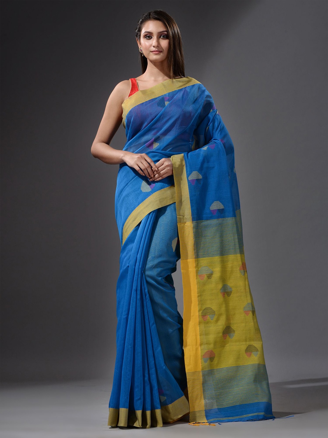 Charukriti Blue & Yellow Woven Design Saree