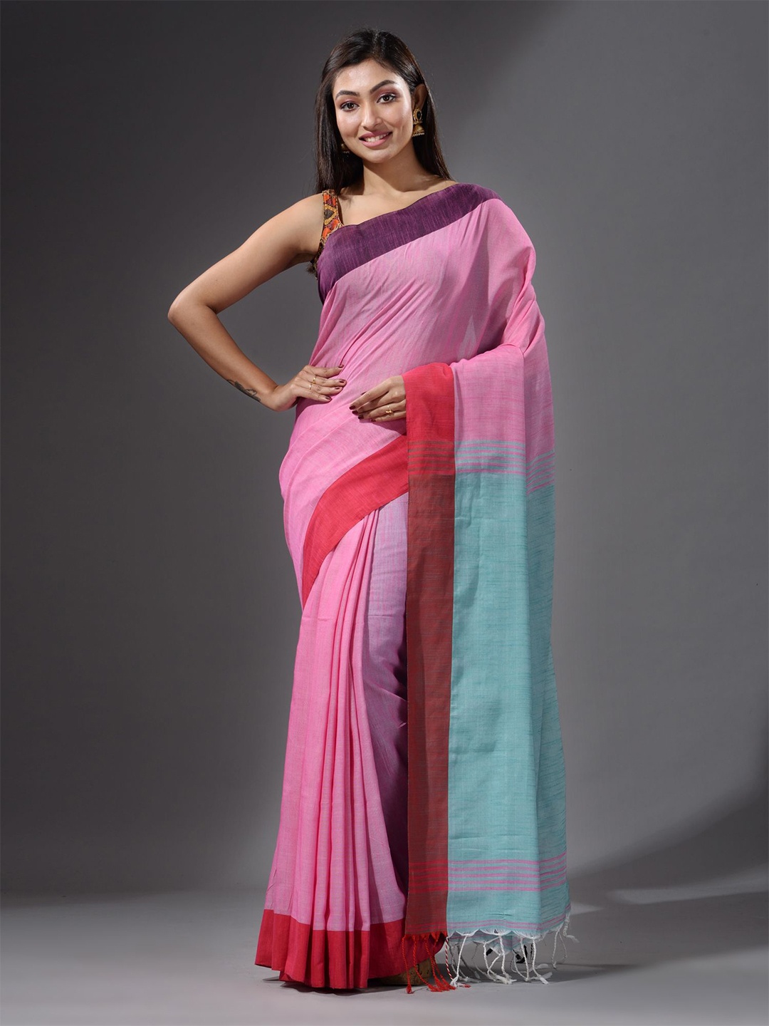 Charukriti Pink & Blue Pure Cotton Saree
