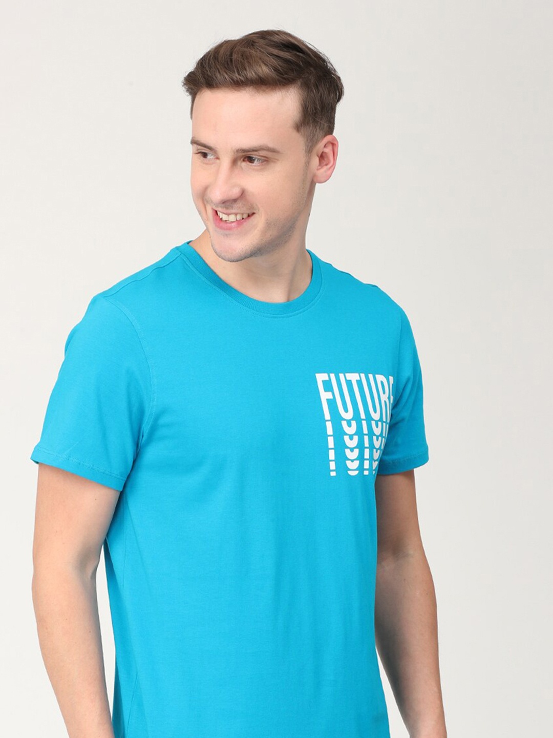 Mast & Harbour Men Blue Typography Printed Pure Cotton T-shirt