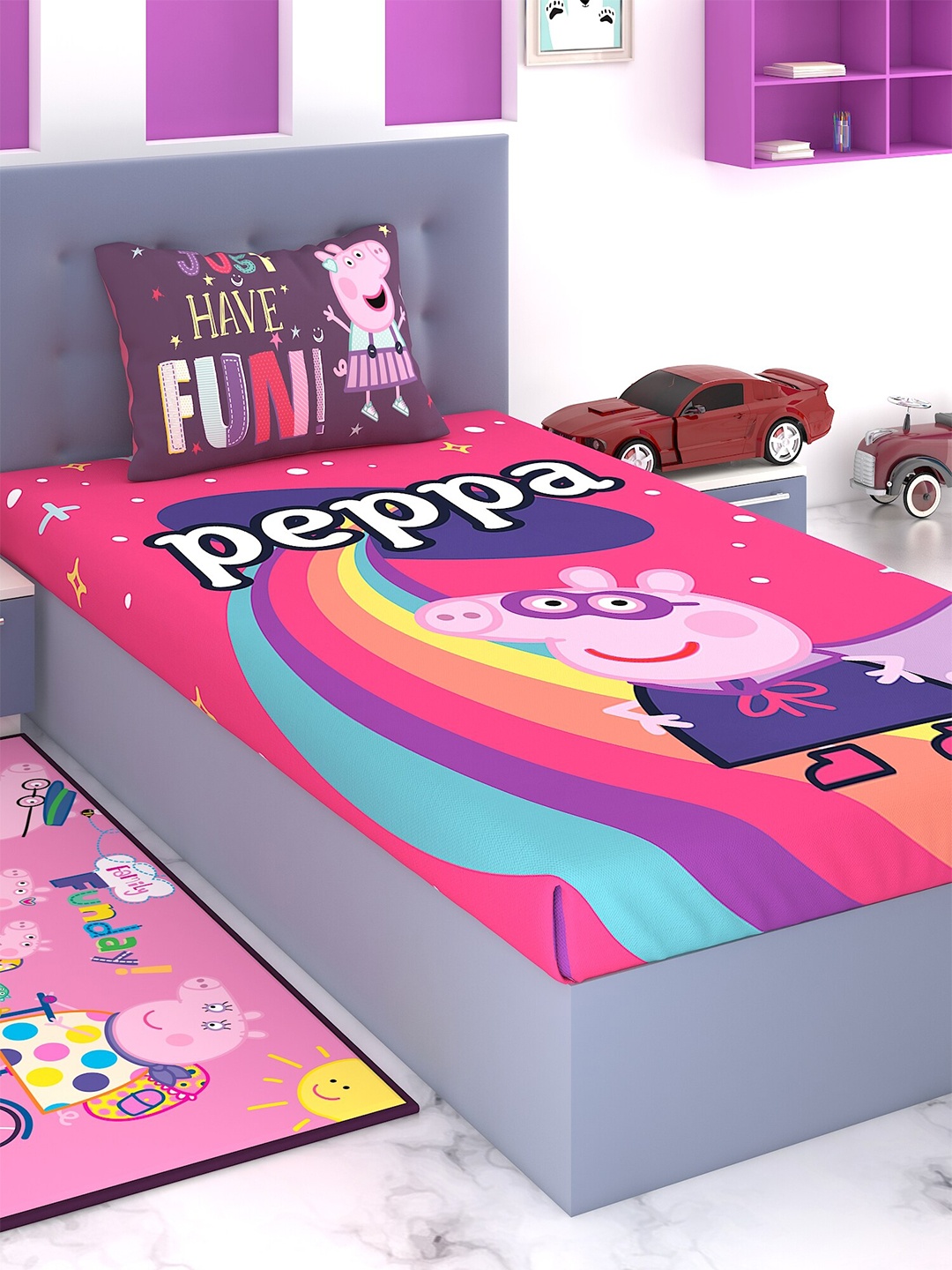 Peppa Pig Pink & Purple Cartoon Characters 180 TC Single Bedsheet with 1 Pillow Covers
Peppa Pig Pink & Purple Cartoon Characters 180 TC Single Bedsheet with 1 Pillow Covers
