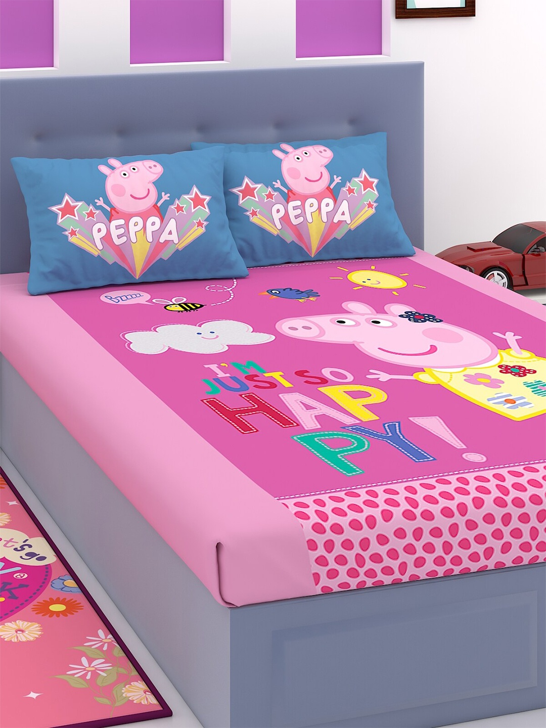 Peppa Pig Pink & Purple Cartoon Characters 180 TC King Bedsheet with 2 Pillow Covers
Peppa Pig Pink & Purple Cartoon Characters 180 TC King Bedsheet with 2 Pillow Covers