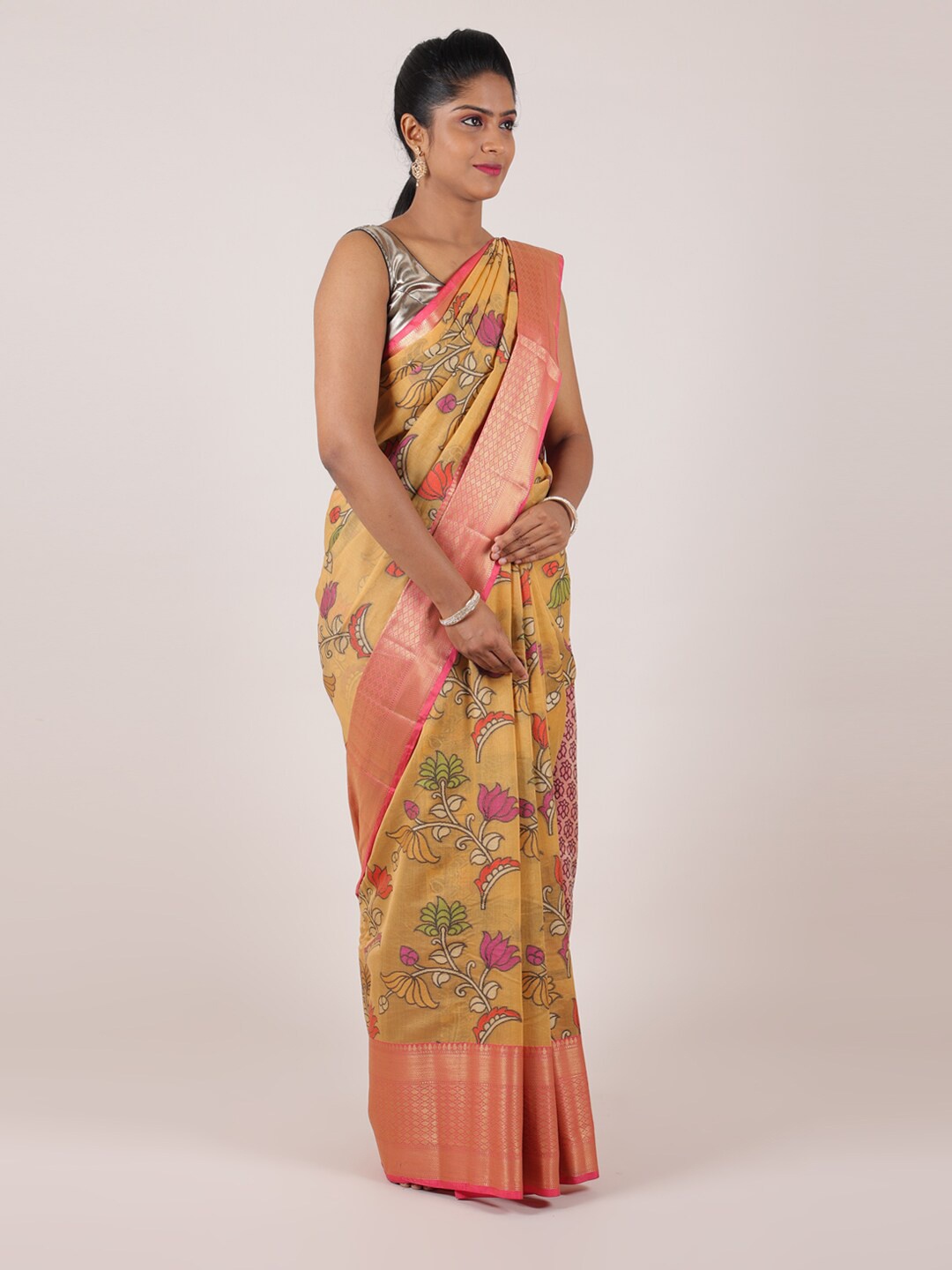 Pothys Yellow & Pink Floral Zari Art Silk Saree