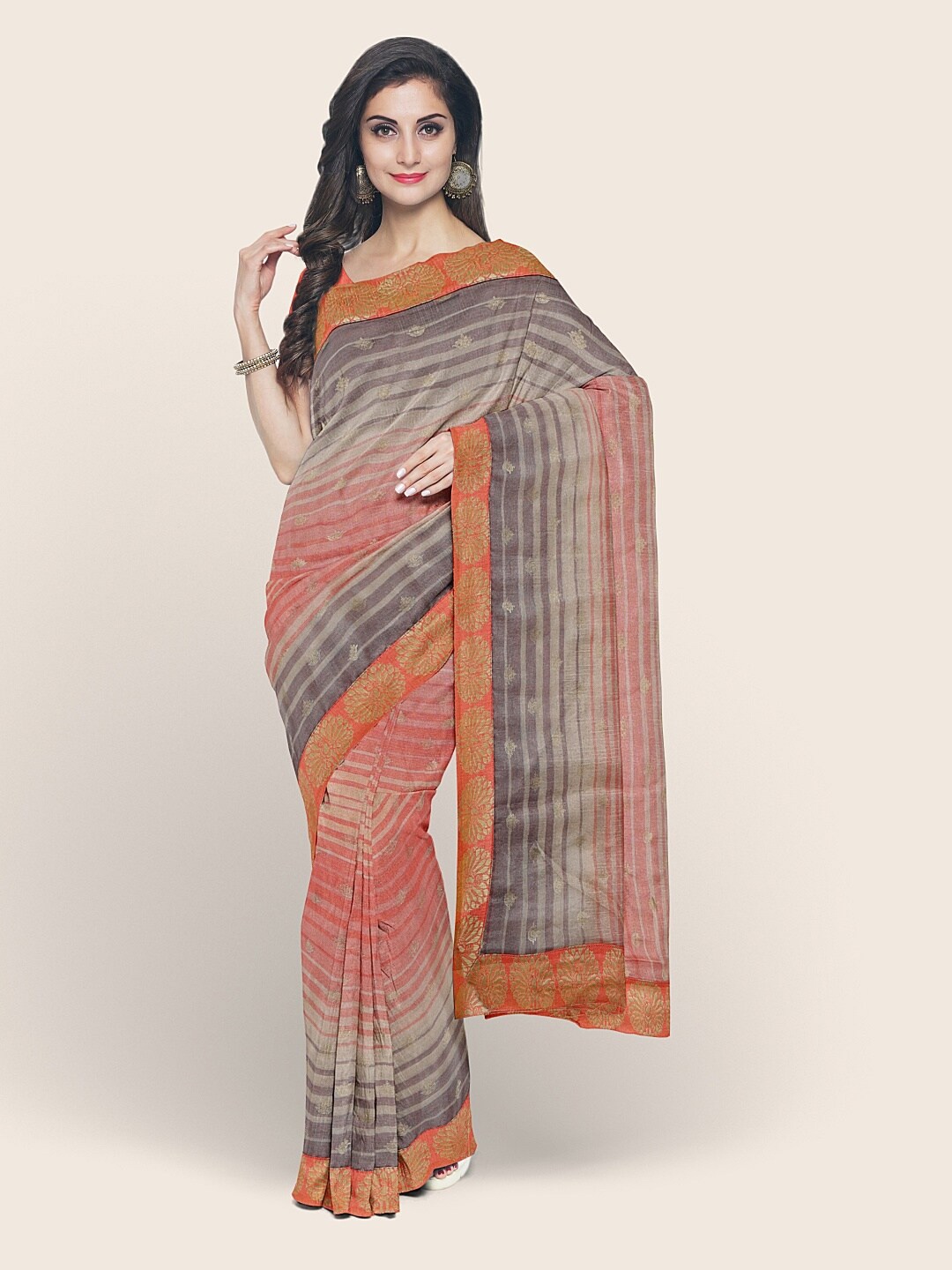 Pothys Grey & Pink Striped Zari Saree