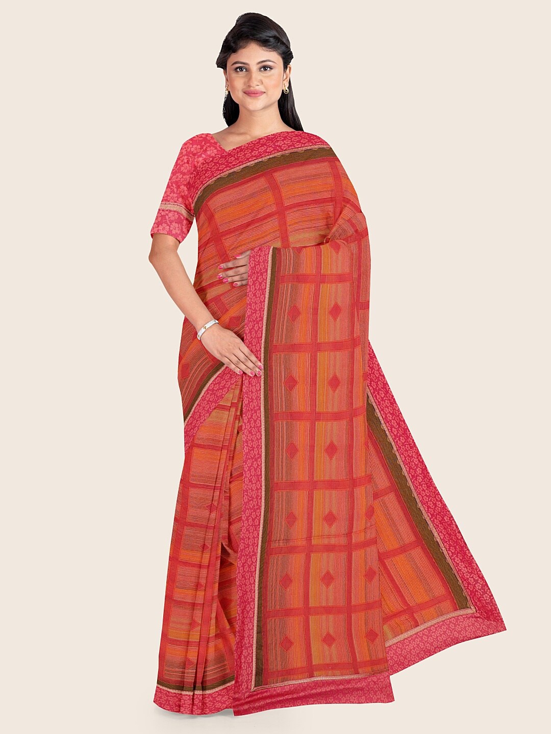 Pothys Pink & Orange Geometric Printed Poly Chiffon Saree