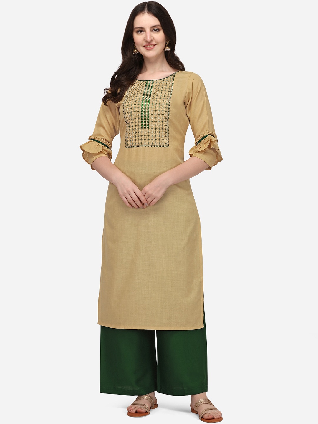 Florence Women Beige & Green Embroidered Yoke Design Pure Cotton Kurta with Palazzos
Florence Women Beige & Green Embroidered Yoke Design Pure Cotton Kurta with Palazzos