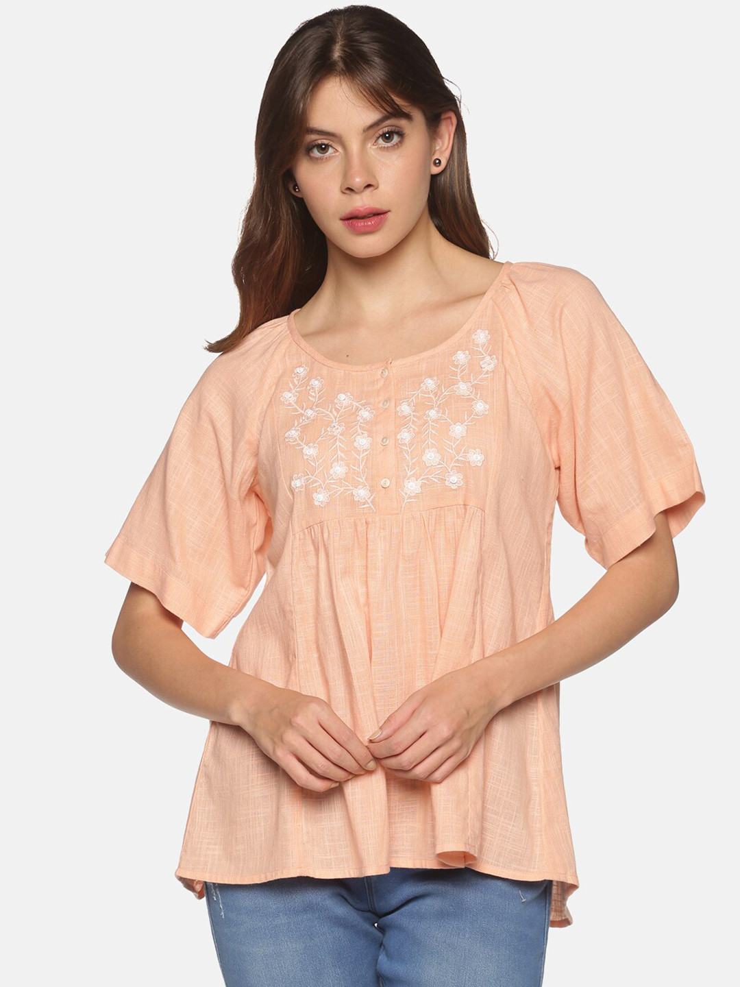 Saffron Threads Peach-Coloured Floral Embroidered Pure Cotton Bohemian Top 
Saffron Threads Peach-Coloured Floral Embroidered Pure Cotton Bohemian Top