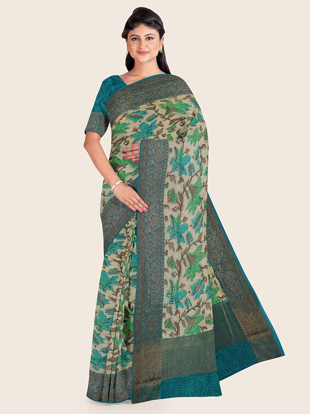 Pothys Cream-Coloured & Blue Floral Printed Zari Saree