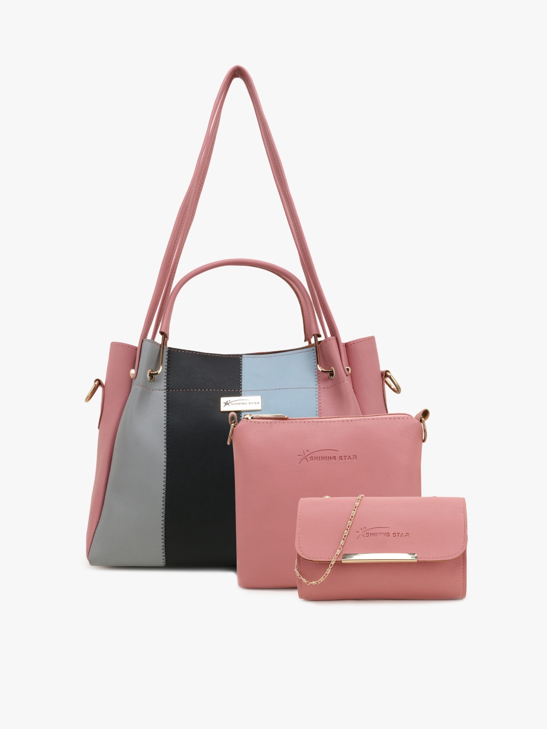 SHINING STAR Peach-Coloured 3 Pc Colourblocked PU Shopper Handheld Bag