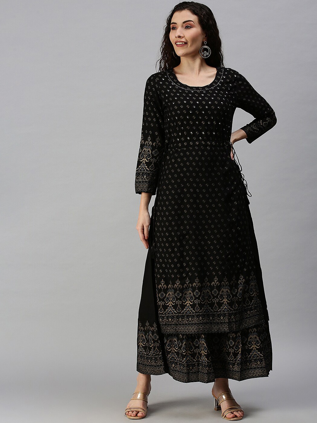SHOWOFF Women Black Geometric Printed Kurta