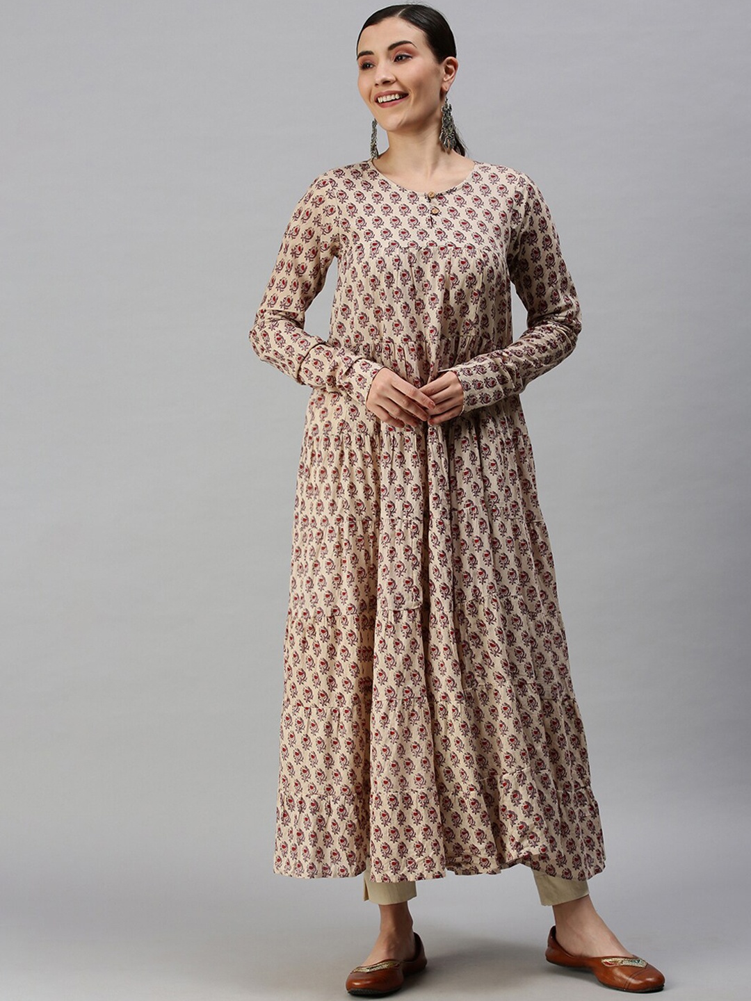 SHOWOFF Women Beige Floral Printed Cotton Kurta