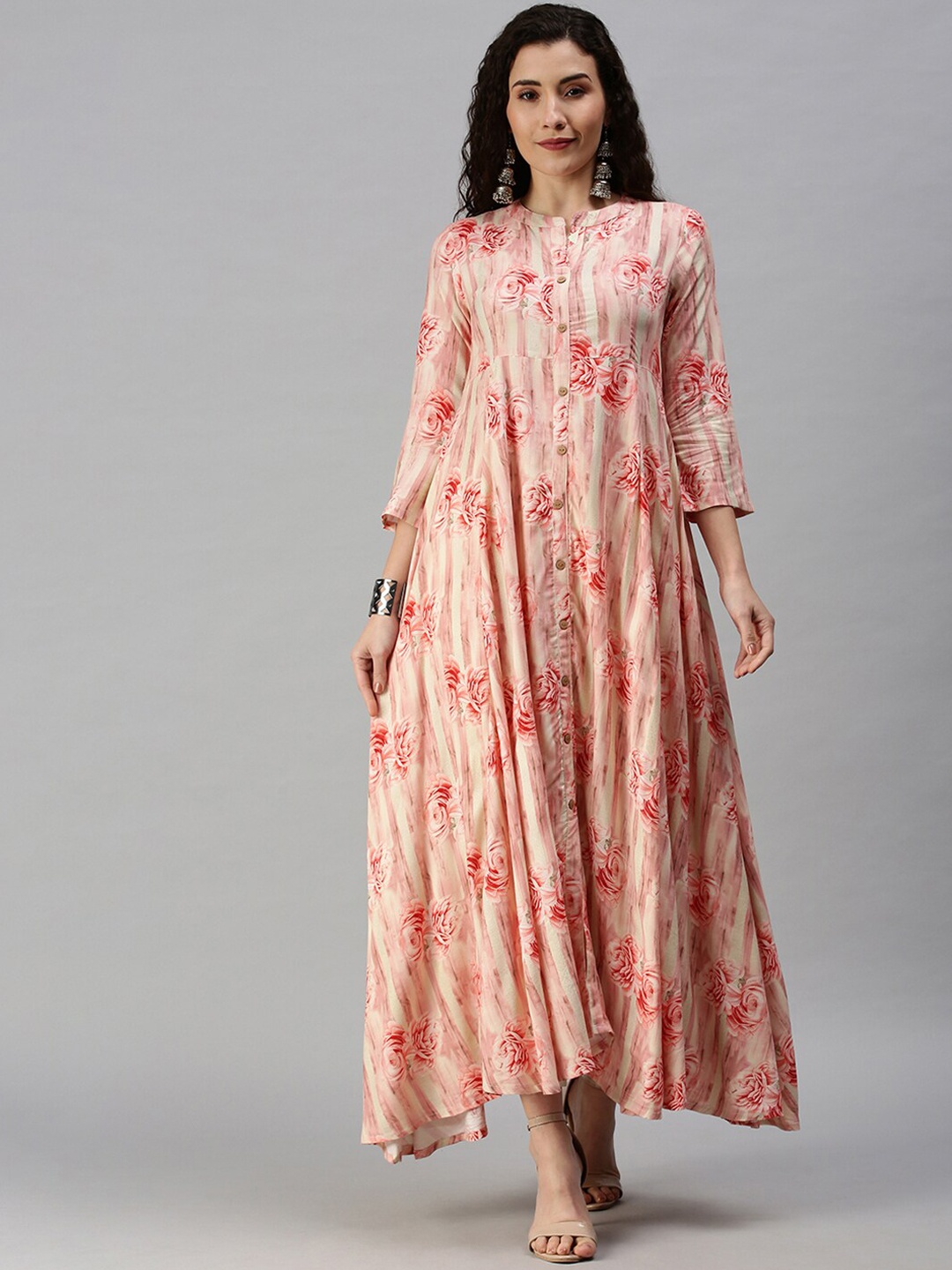 SHOWOFF Women Pink Floral Printed Mandarin Collar Three-Quarter Sleeves Anarkali Kurta
SHOWOFF Women Pink Floral Printed Mandarin Collar Three-Quarter Sleeves Anarkali Kurta