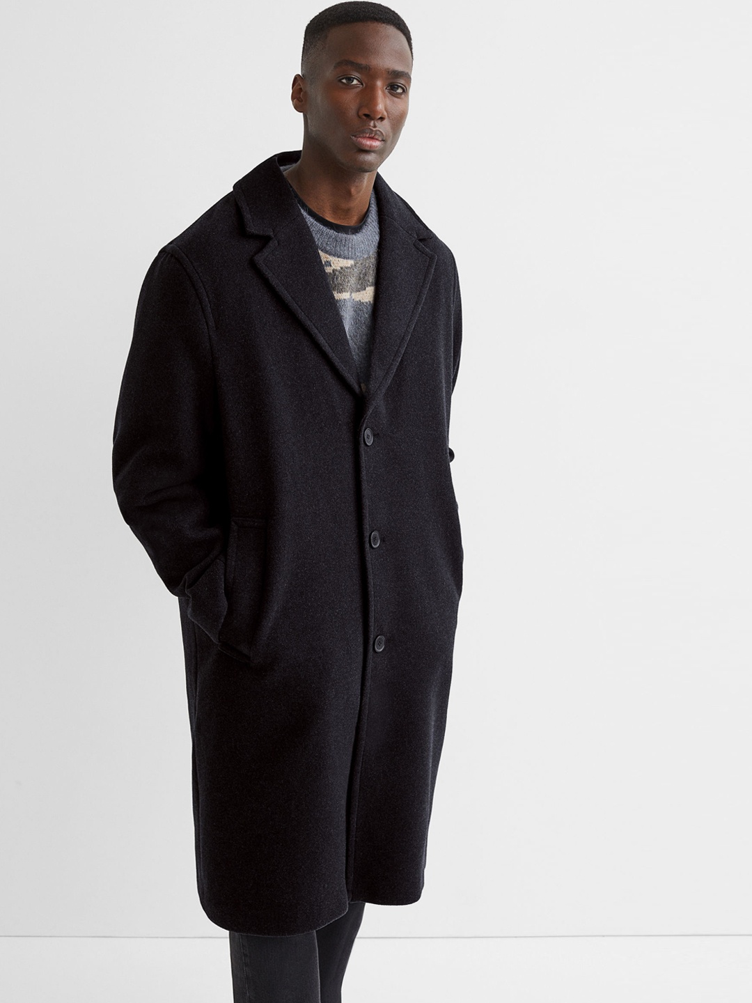 H&M Men Dark Grey Oversized Wool-Blend Coat