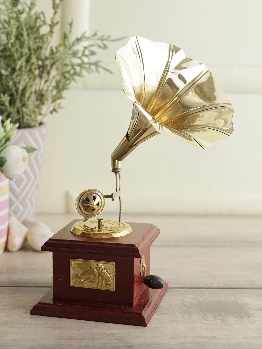 CraftVatika Gold-Toned & Brown Antique Wooden & Brass Gramophone Showpiece