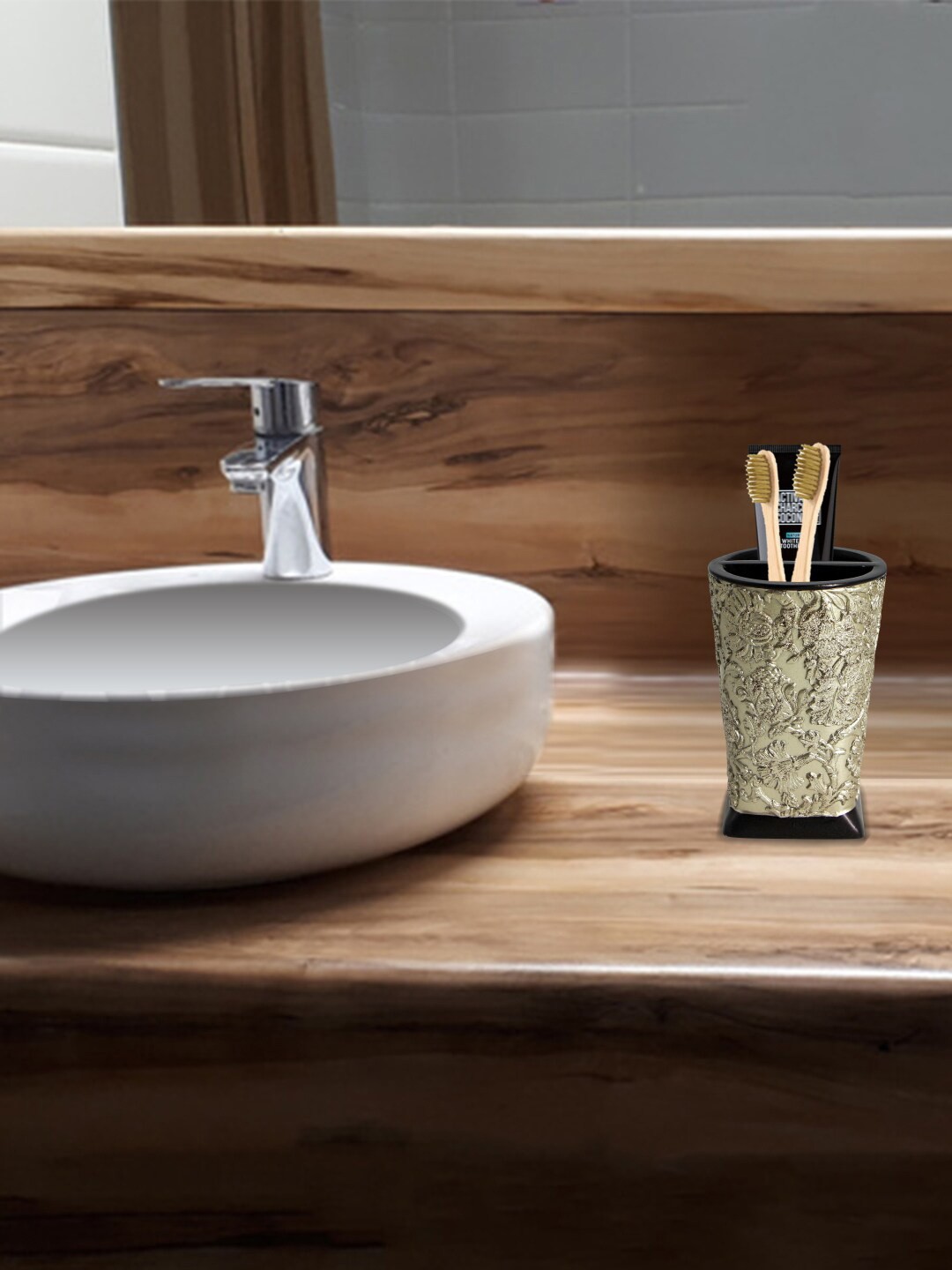 MARKET99 Black & Beige Floral Self Designed Resin Toothbrush Holder