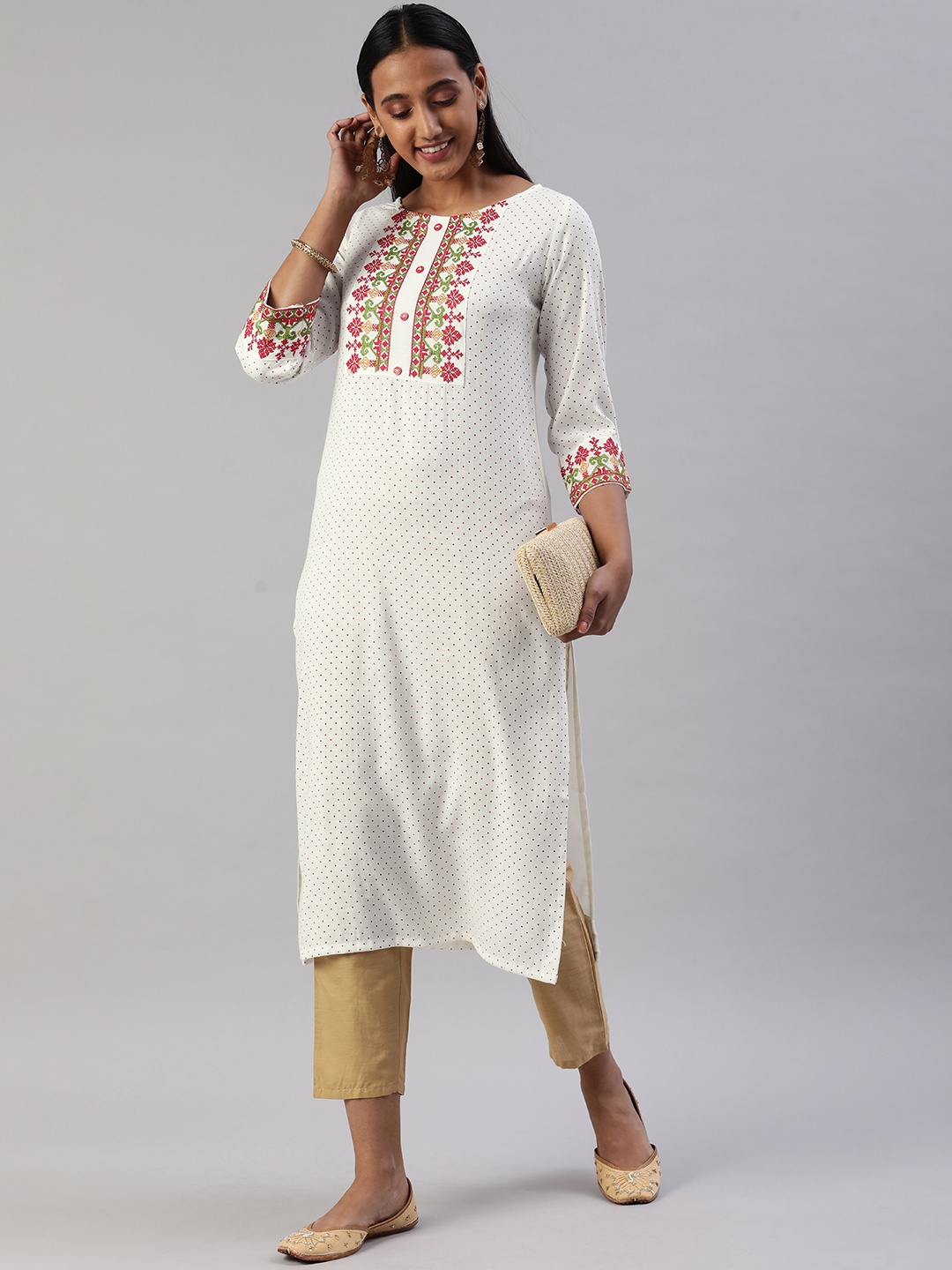 SANISA Women Off White & Green Pure Cotton Ethnic Motifs Embroidered Kurta