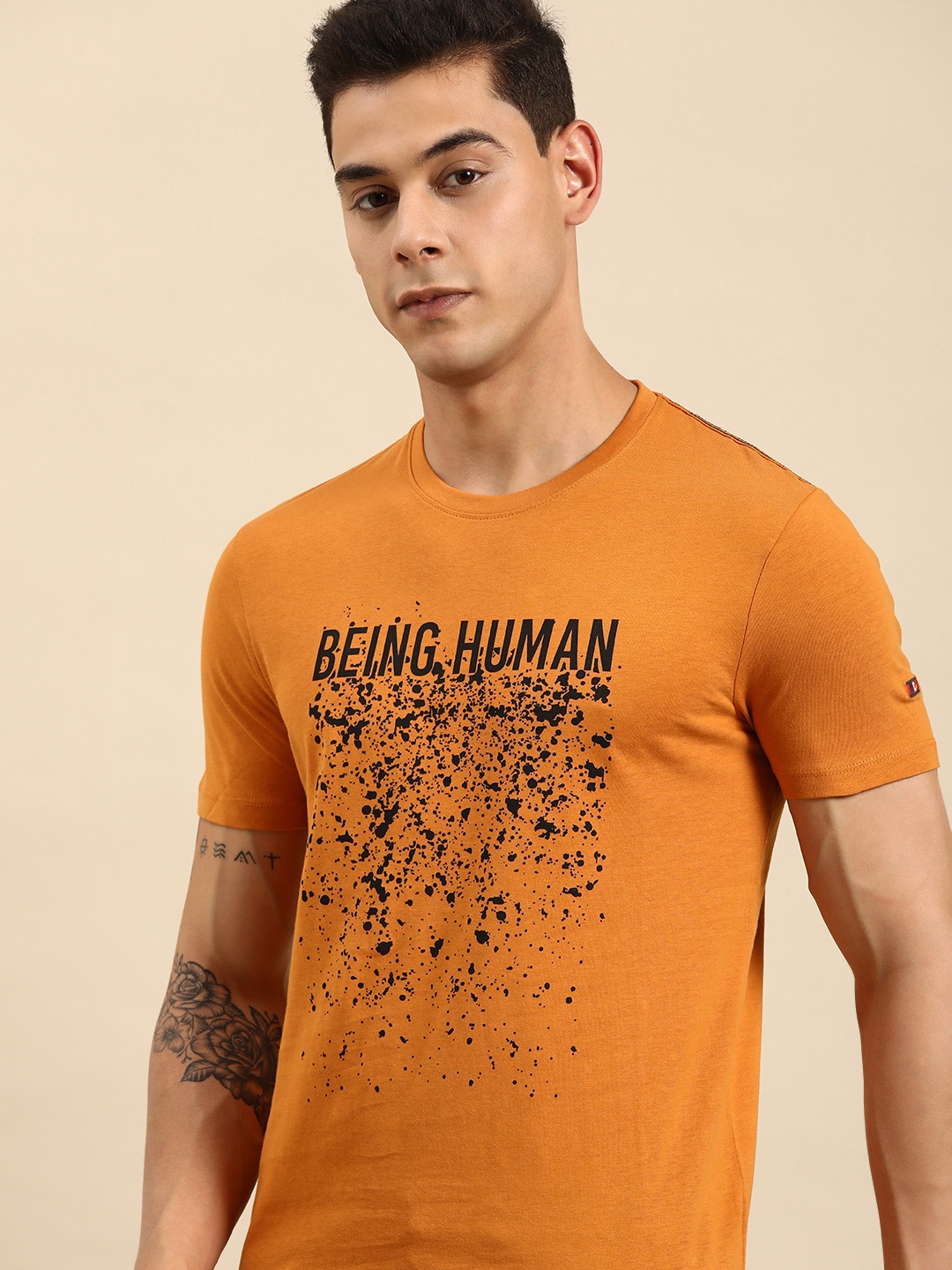Being Human Men Orange Typography Printed T-shirt