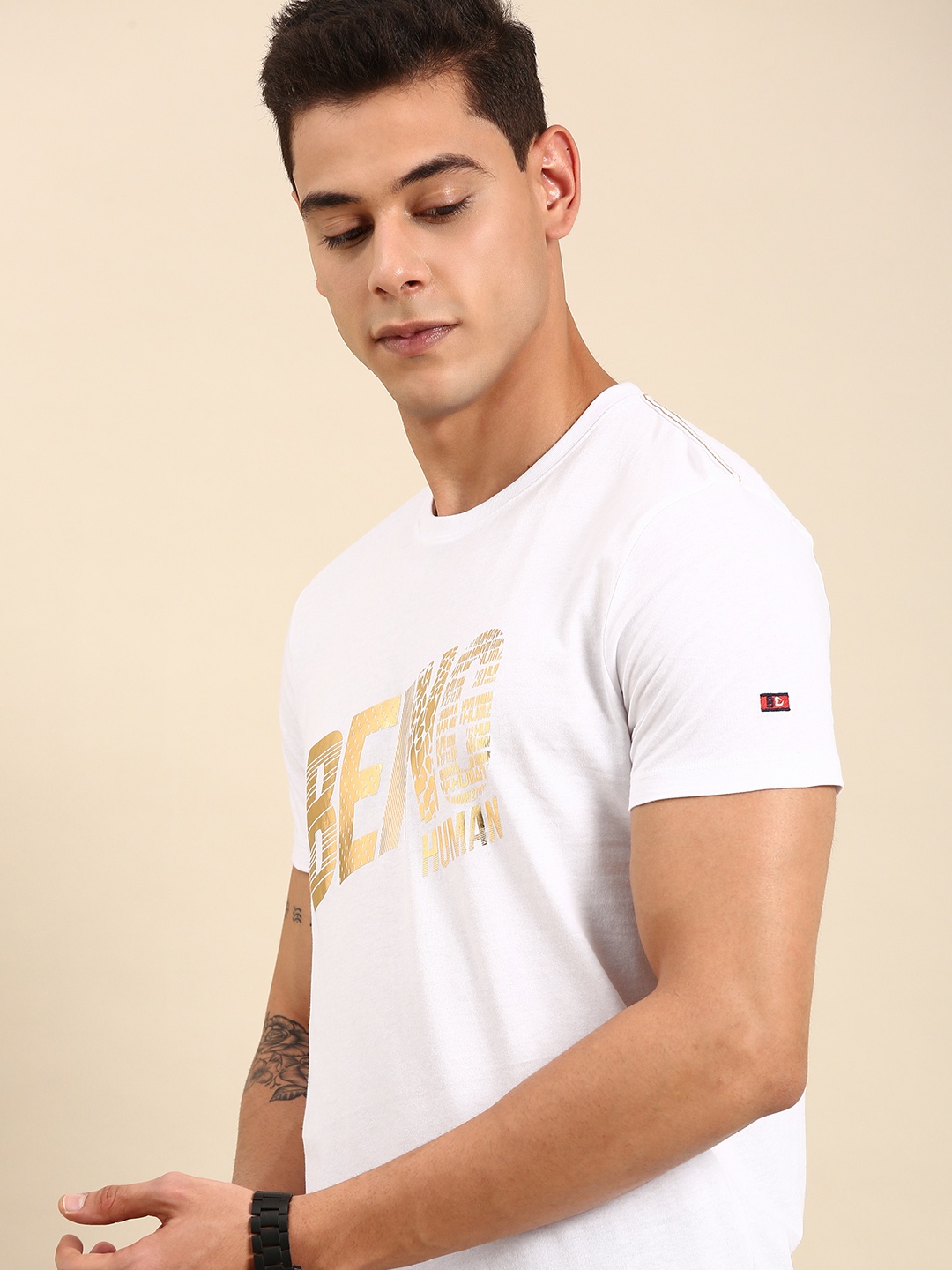 Being Human Men White & Silver-Toned Typography Printed Casual T-shirt
