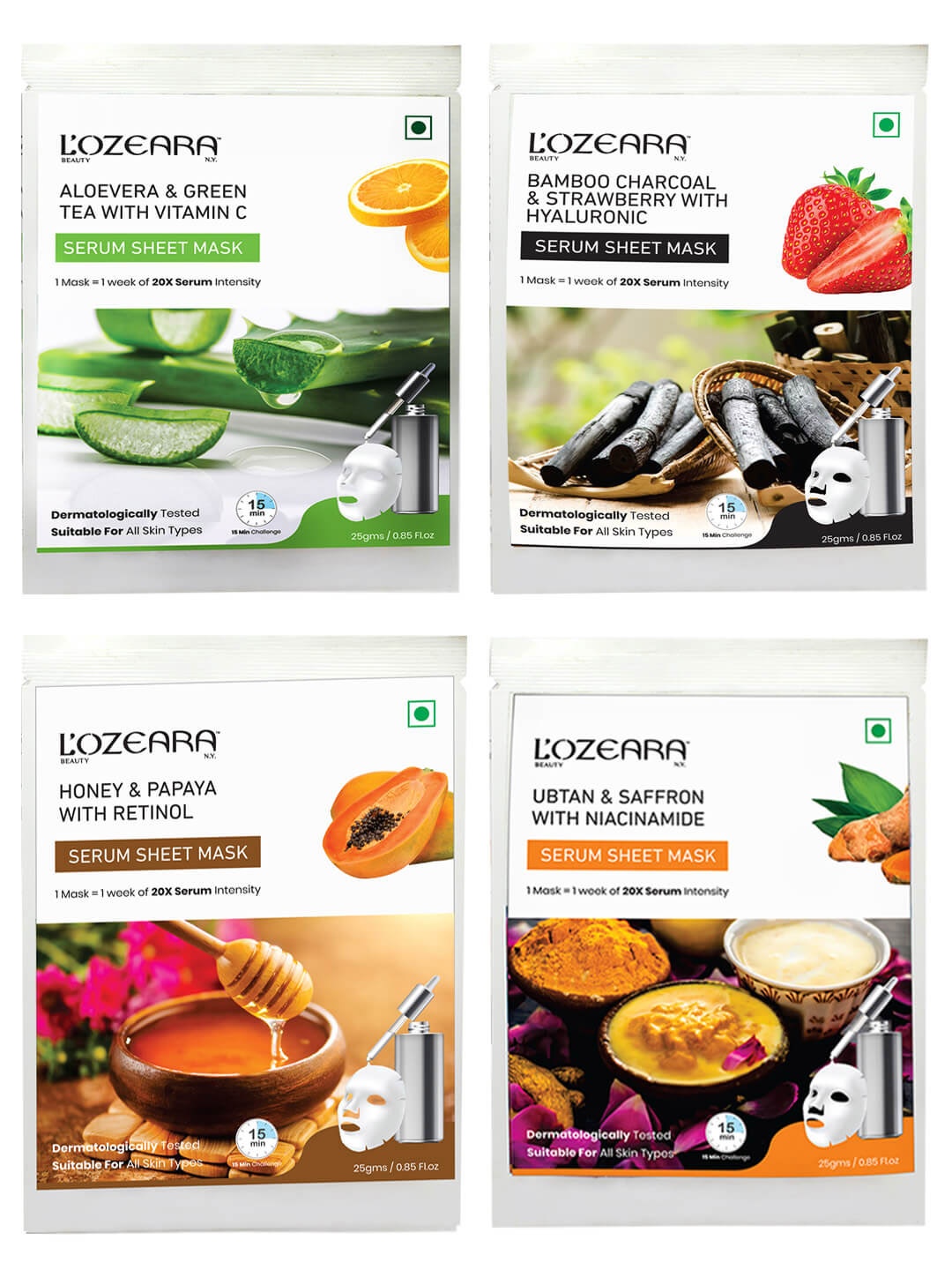LOZEARA BEAUTY N.Y Set of Aloevera-Bamboo Charcoal-Honey & Ubtan Serum Sheet Mask 25g each, Multi
LOZEARA BEAUTY N.Y Set of Aloevera-Bamboo Charcoal-Honey & Ubtan Serum Sheet Mask 25g each, Multi