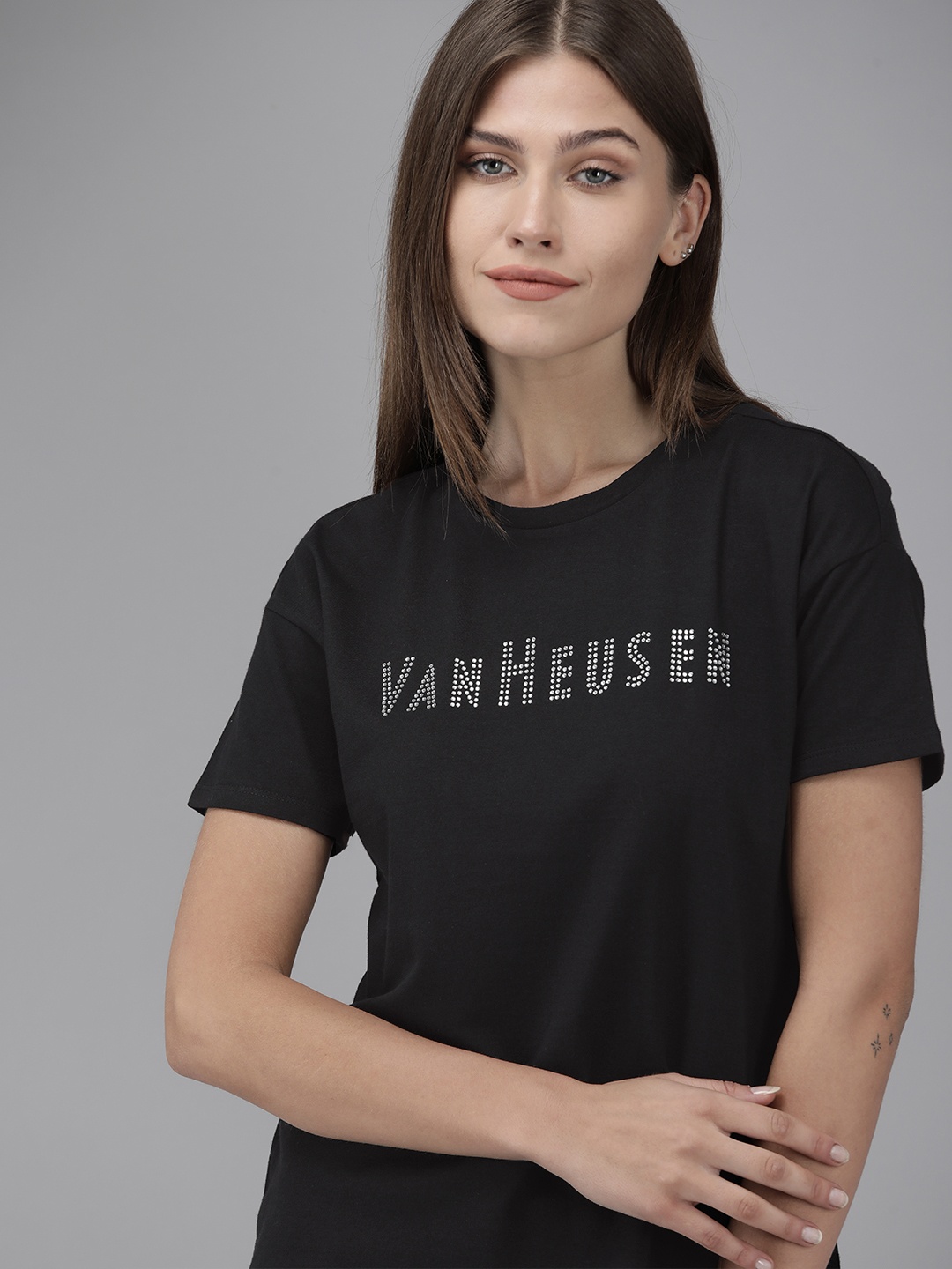 Van Heusen Woman Black Brand Logo Embellished Drop-Shoulder Sleeves Pure Cotton T-shirt
Van Heusen Woman Black Brand Logo Embellished Drop-Shoulder Sleeves Pure Cotton T-shirt