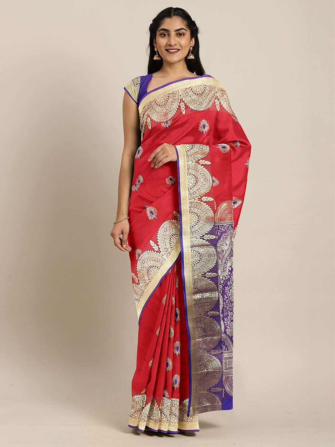 The Chennai Silks Red & Blue Ethnic Motifs Art Silk Saree