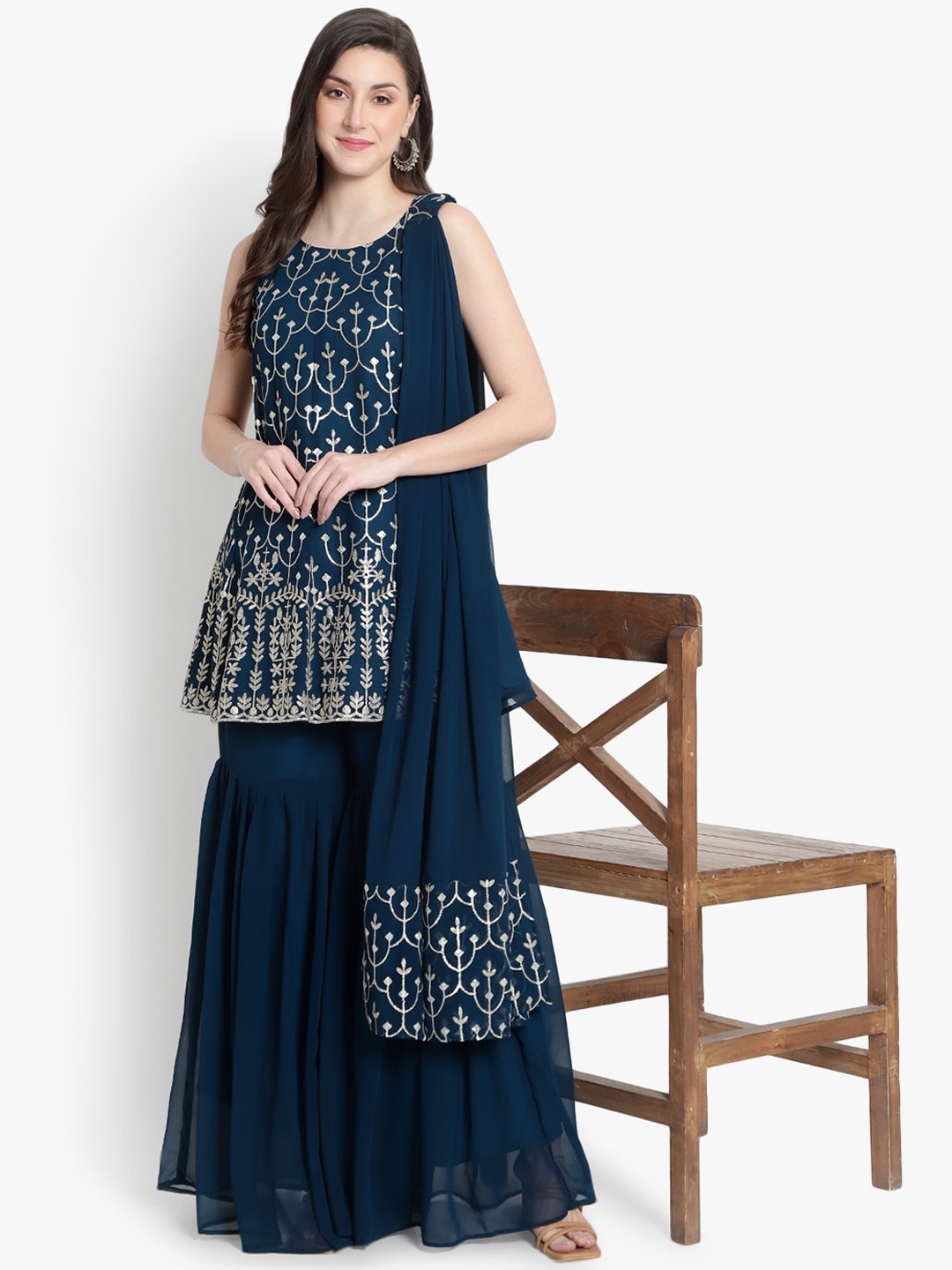 heemara Women Teal Green & Golden Embroidered Silk Georgette Kurti with Sharara & Dupatta
heemara Women Teal Green & Golden Embroidered Silk Georgette Kurti with Sharara & Dupatta
