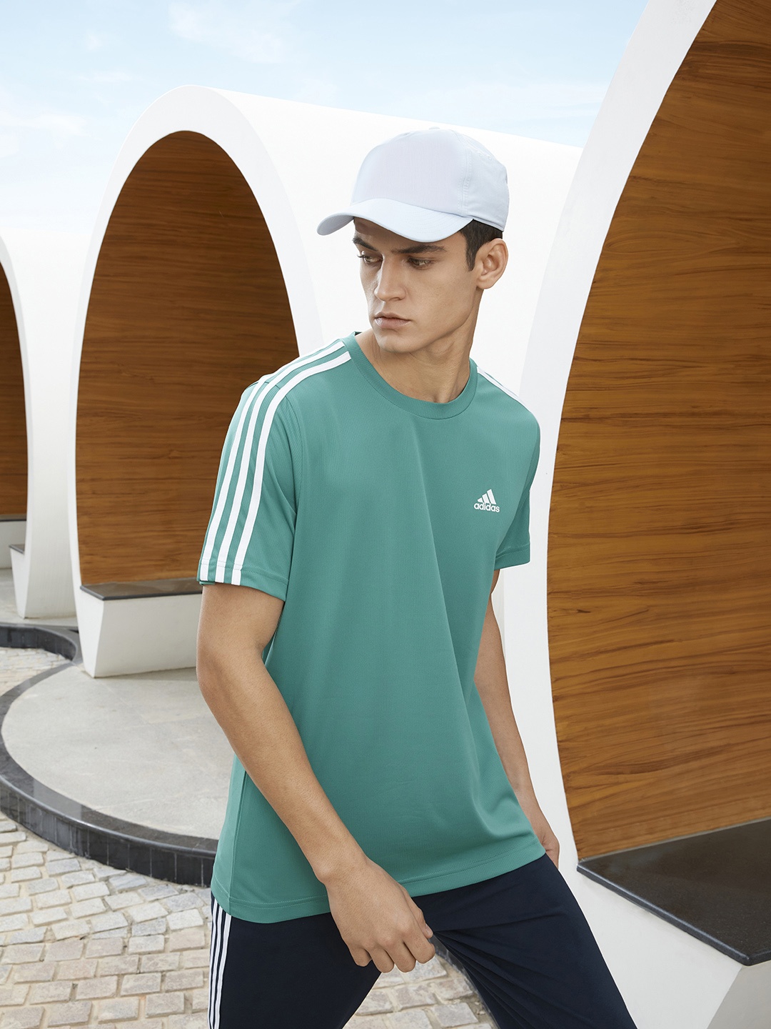 ADIDAS Men Green D2M 3S Striped T-shirt