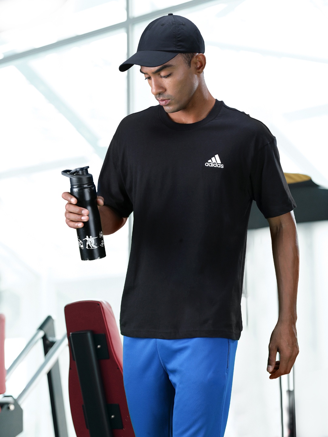 ADIDAS Men Black Solid Pure Cotton Brand Logo Detail Sustainable T-shirt