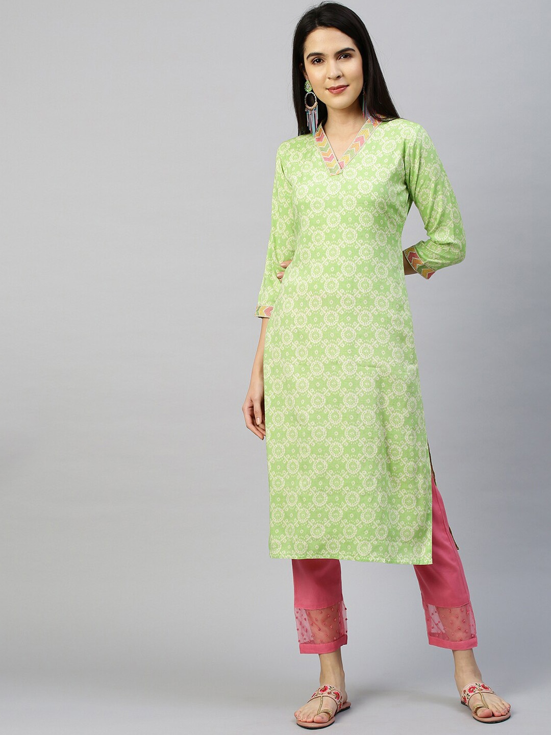 FASHOR Women Green Geometric Printed Kurta