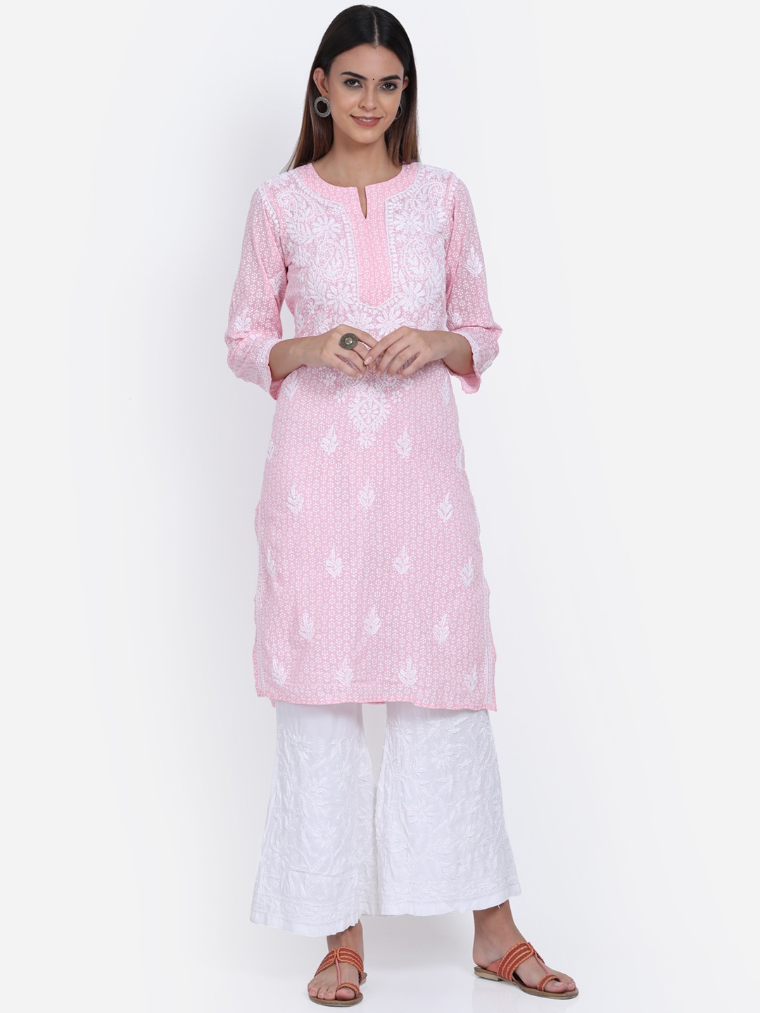 PARAMOUNT CHIKAN Women Pink Ethnic Motifs Embroidered Chikankari Kurta