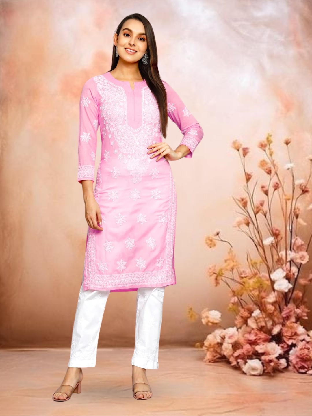 PARAMOUNT CHIKAN Women Pink Ethnic Motifs Yoke Design Keyhole Neck Flared Sleeves Chikankari Kurta
PARAMOUNT CHIKAN Women Pink Ethnic Motifs Yoke Design Keyhole Neck Flared Sleeves Chikankari Kurta