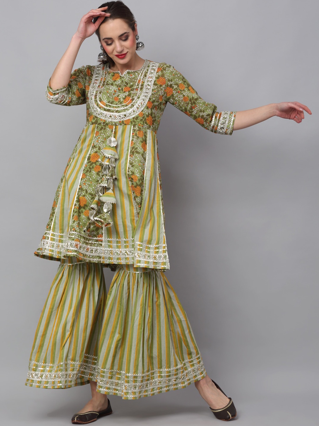 Rudra Bazaar Women Green Floral Printed Empire Gotta Patti Pure Cotton Kurti with Sharara
Rudra Bazaar Women Green Floral Printed Empire Gotta Patti Pure Cotton Kurti with Sharara