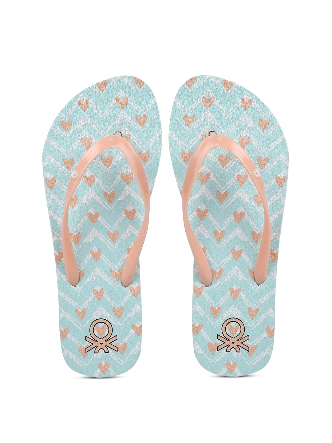 United Colors of Benetton Women Sea Green & Peach-Coloured Printed Rubber Thong Flip-Flops