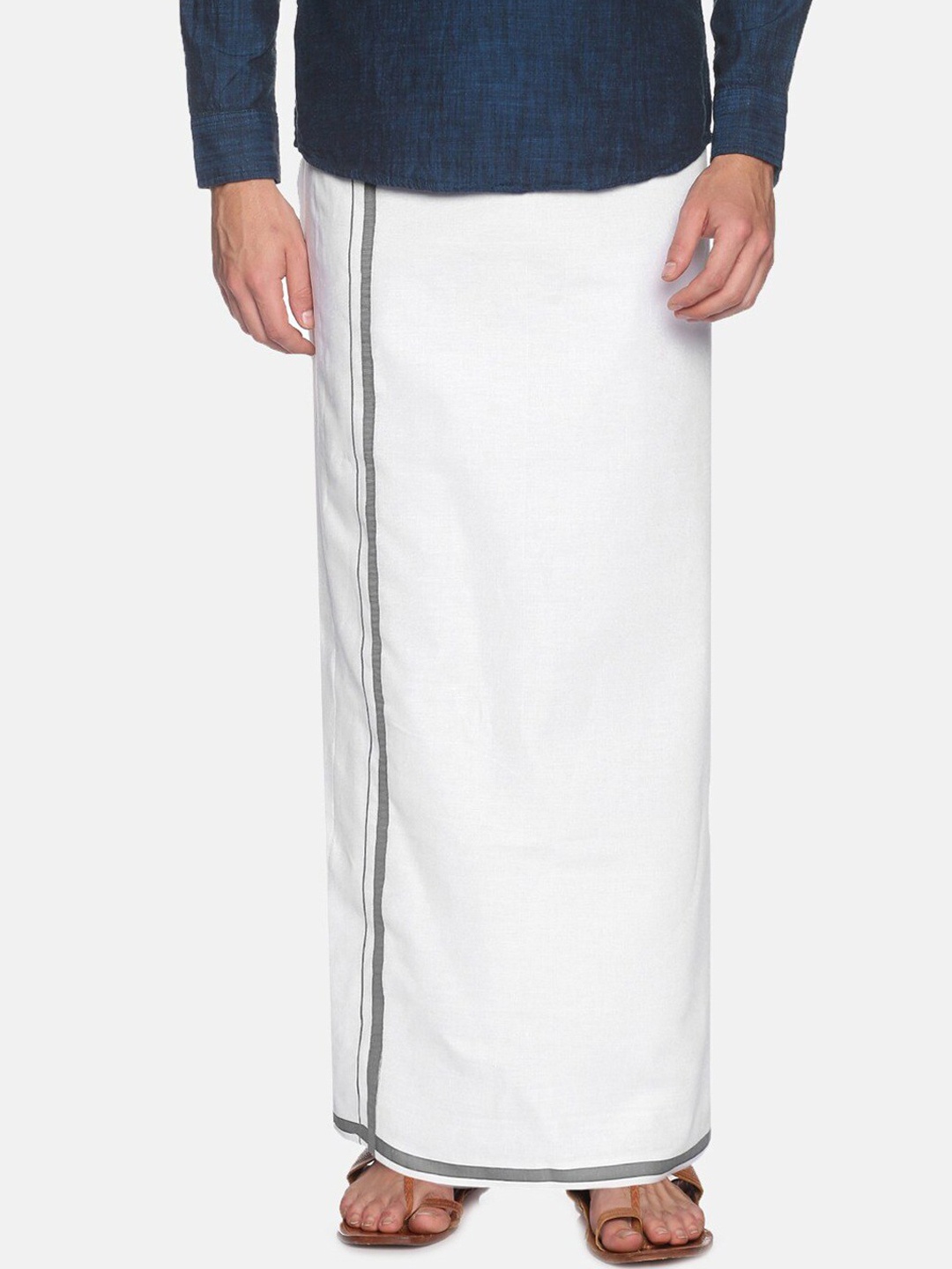 Chennis Men White & Grey Pure Cotton Dhoti