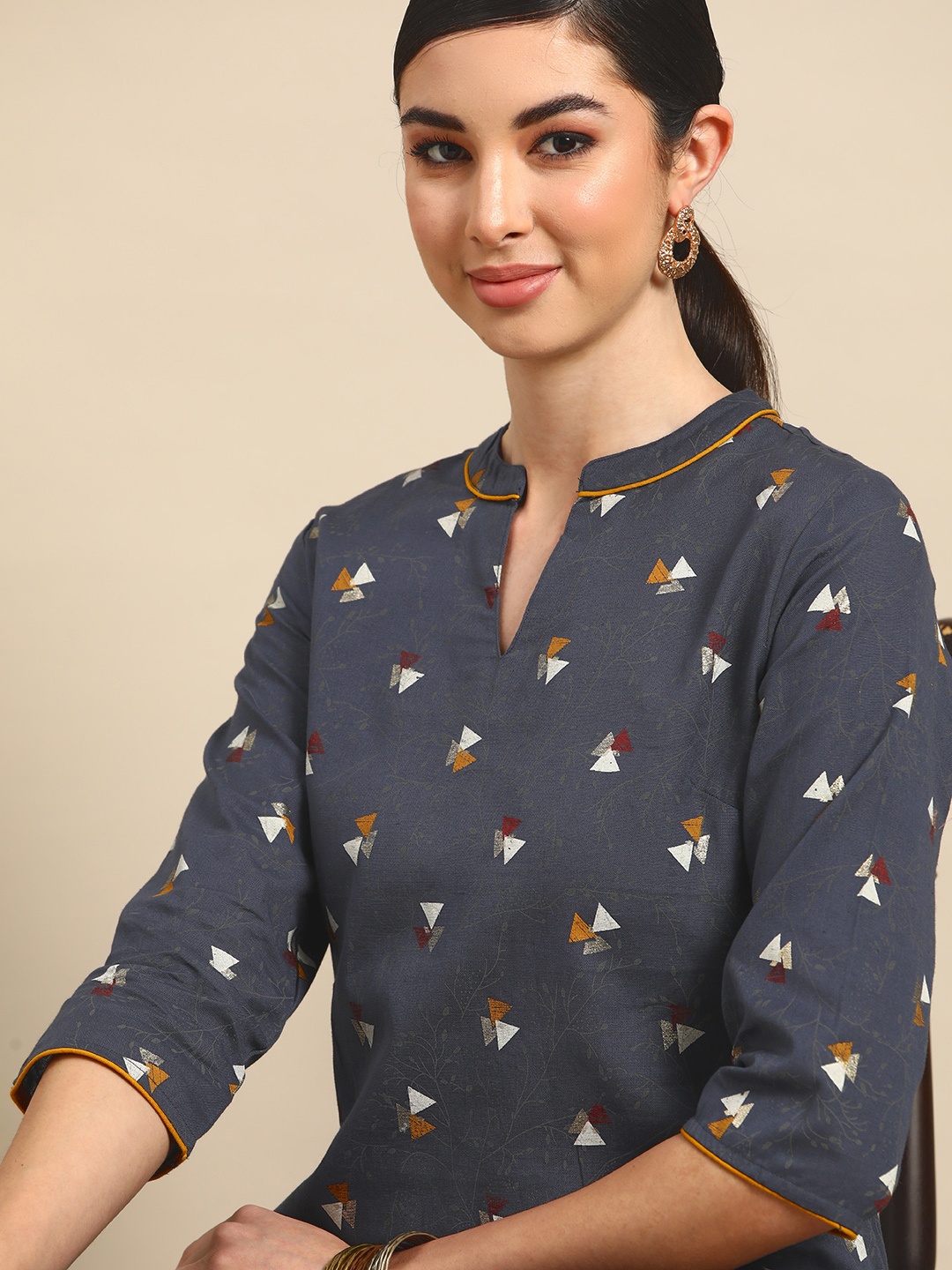Anouk Women Navy Blue & Off White Printed Kurta