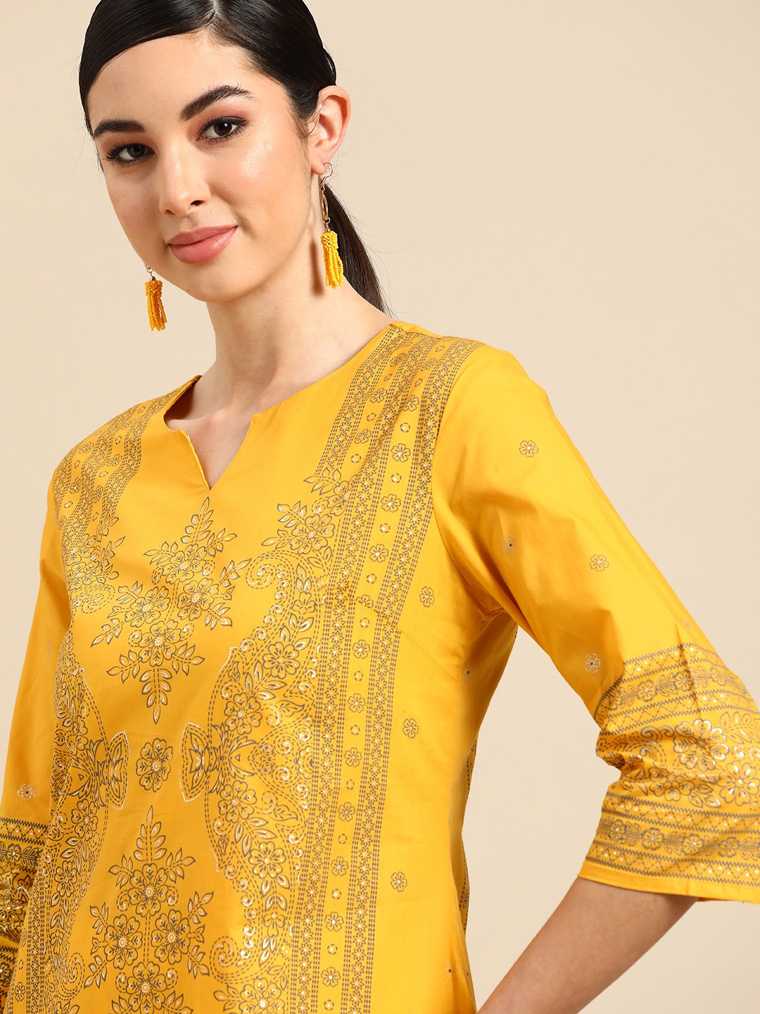 Anouk Women Yellow Floral Printed Flared Sleeves Kurta