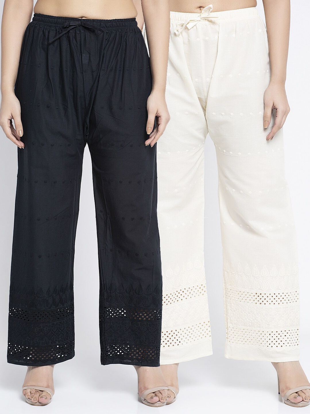 Jinfo Women Black & Off White Set of 2 Ethnic Motifs Embroidered Flared Ethnic Palazzos
Jinfo Women Black & Off White Set of 2 Ethnic Motifs Embroidered Flared Ethnic Palazzos