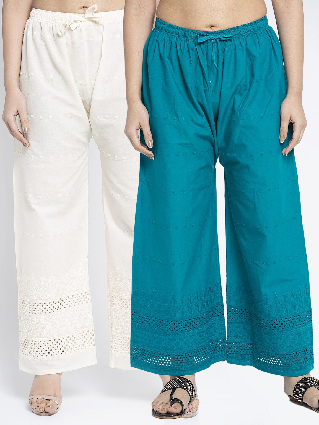 Jinfo Women Turquoise Blue & White Set of 2 Ethnic Motifs Embroidered Flared Palazzos
Jinfo Women Turquoise Blue & White Set of 2 Ethnic Motifs Embroidered Flared Palazzos