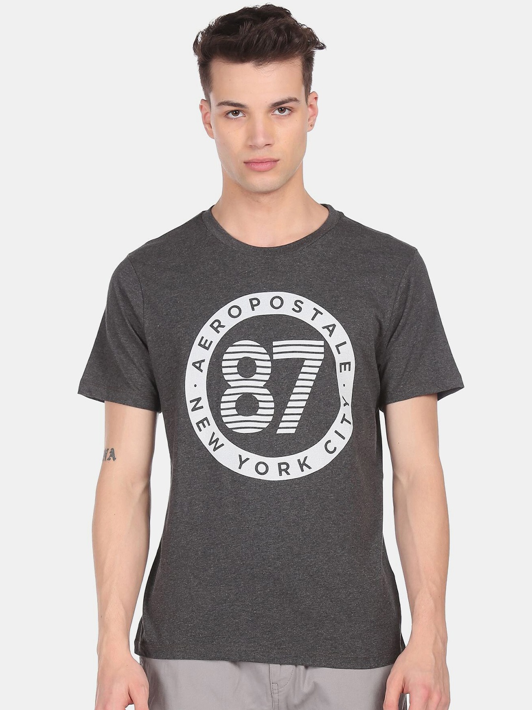 Aeropostale Men Grey & White Typography Printed Pure Cotton T-shirt