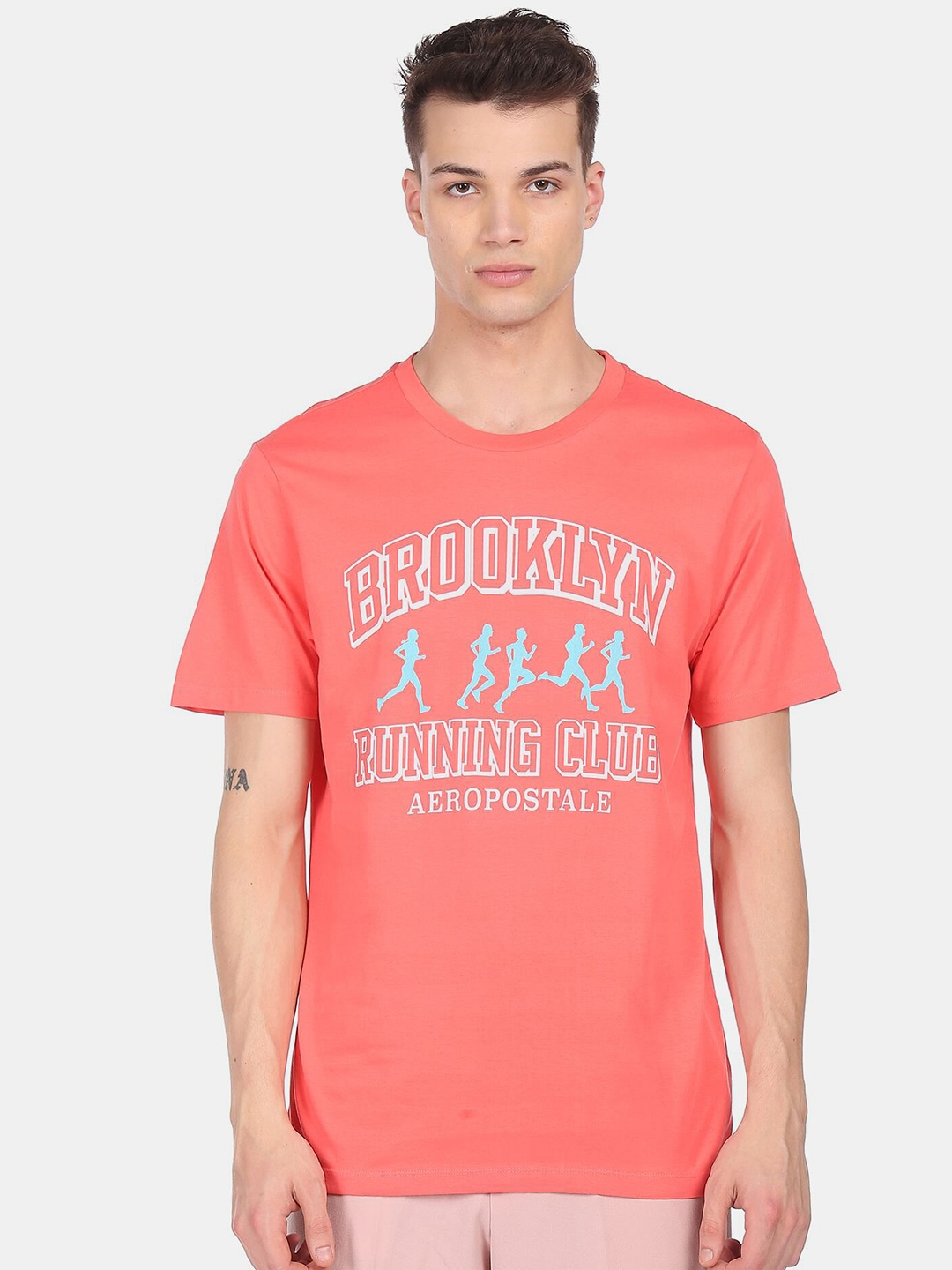 Aeropostale Men Coral & White Typography Printed Pure Cotton T-shirt