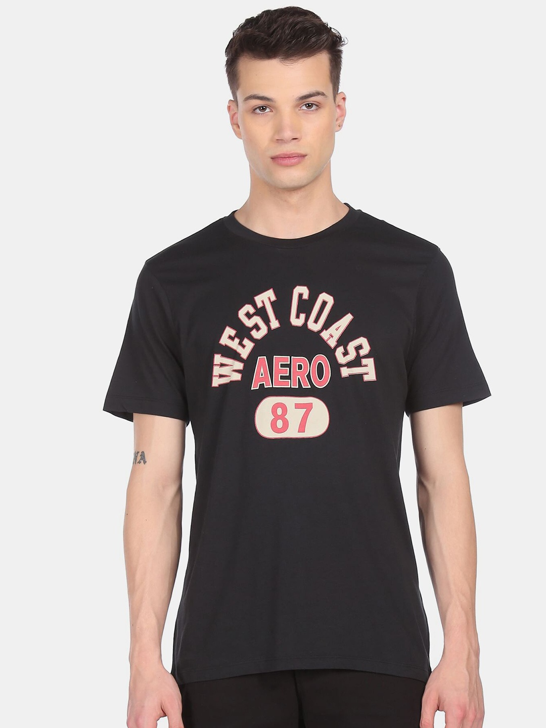 Aeropostale Men Black Typography Printed V-Neck Applique T-shirt