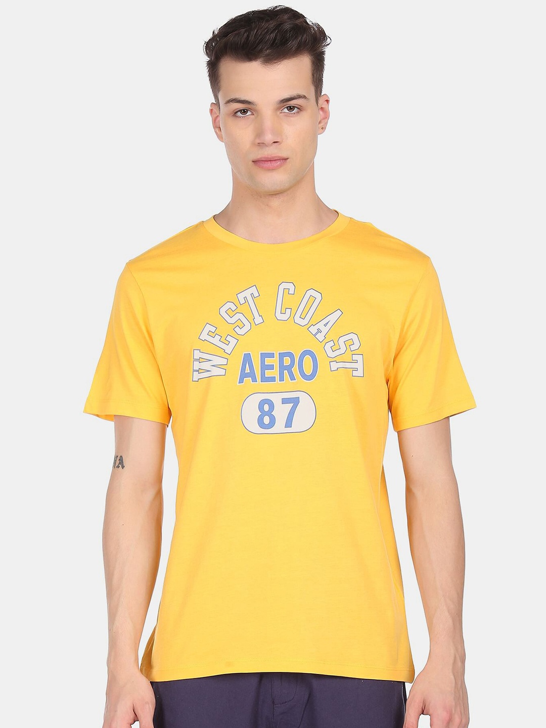 Aeropostale Men Yellow Typography Printed Cotton T-shirt